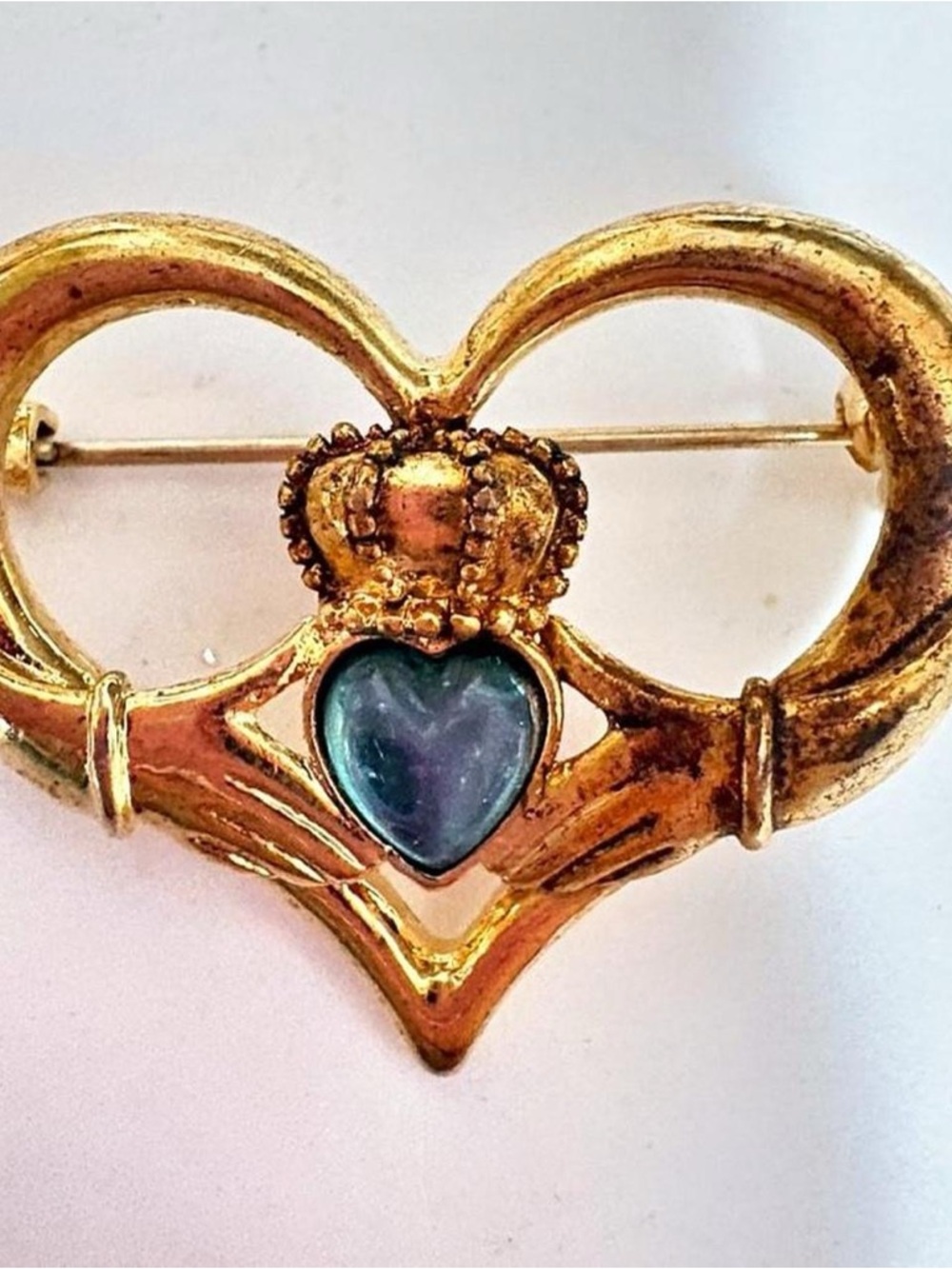 Nina Ricci Gold Heart Crown Brooch with Blue Heart Cabochon